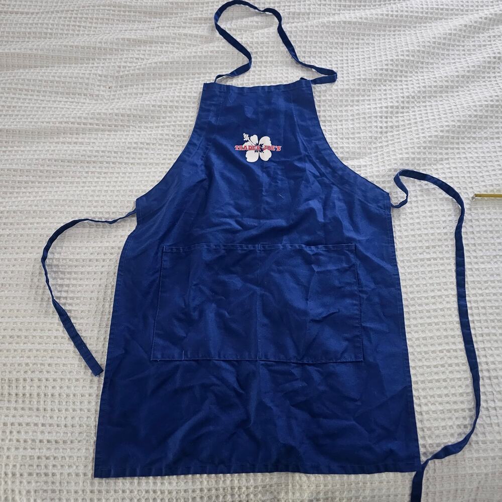 Trader Joe's Crew Apron Blue Hibiscus Flower Employee Uniform Kitchen Apron